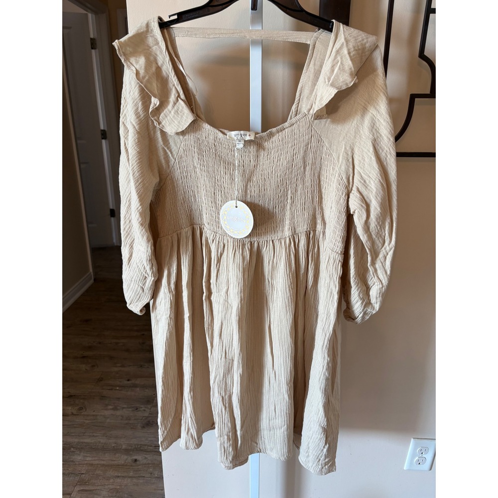 Umgee USA Plus Size 1XL Smocked Ruffle Gauze Babydoll Dress Beige Boho 3/4 Slv